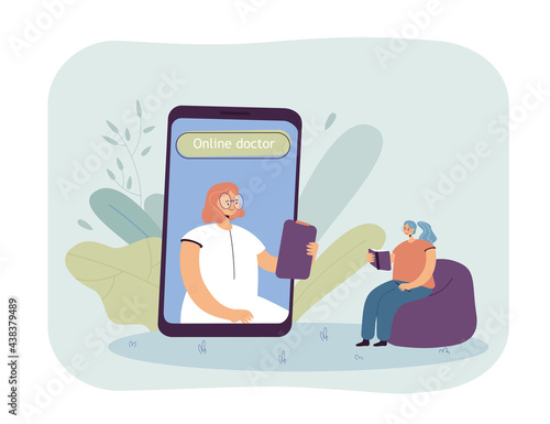 Patient at online therapy session. Female character on huge phone screen, woman taking notes flat vector illustration. Online therapy, mental health concept for banner, website design or landing page