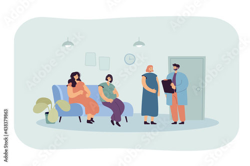Pregnant women waiting in line at hospital or clinic. Doctor talking to female about health of baby flat vector illustration. Pregnancy, motherhood concept for banner, website design or landing page