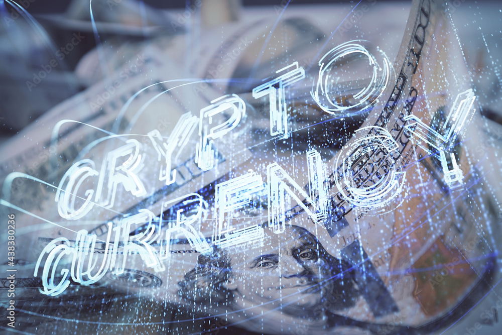 Multi exposure of crypto theme drawing over us dollars bill background. Concept of blockchain success. Multi exposure of crypto theme drawing over us dollars bill background. Concept of blockchain success.