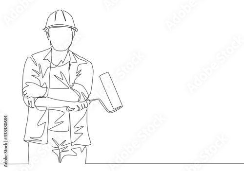 Single continuous line drawing of young handyman wearing building construction uniform while holding paint roller. Painter wall renovation service concept. One line draw design illustration