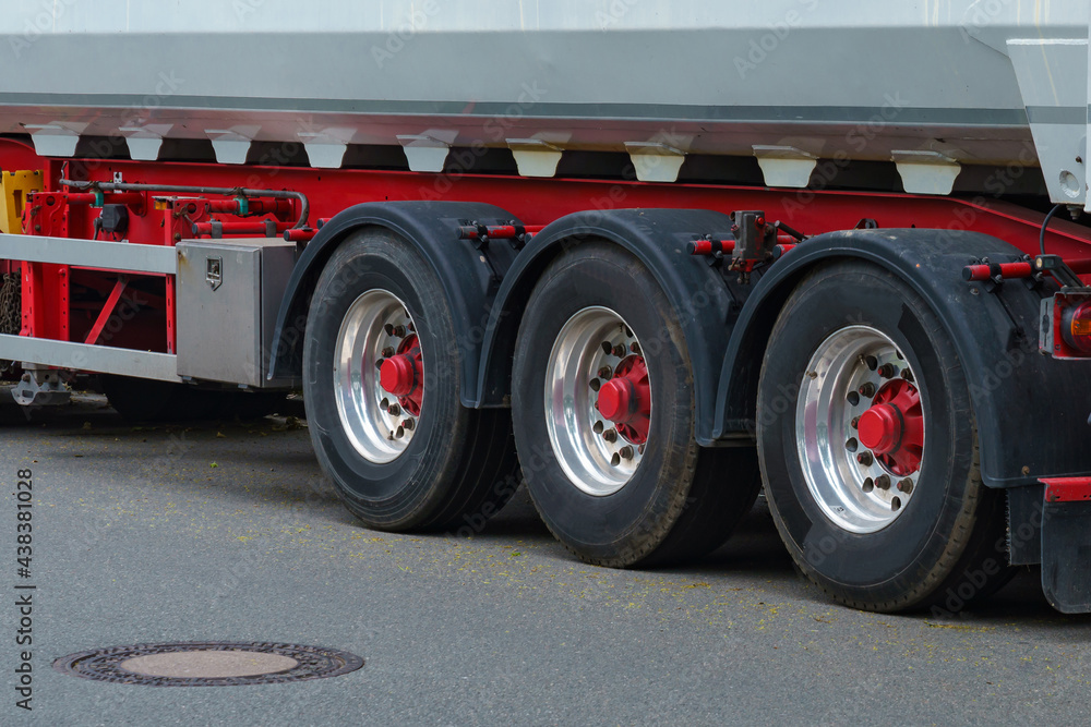 View on truck wheels and tires on truck chassis. Truck wheel rim