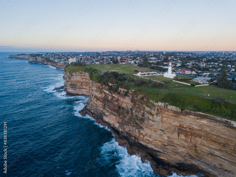 Aerial view of Sydney cliff coastline in the morning.