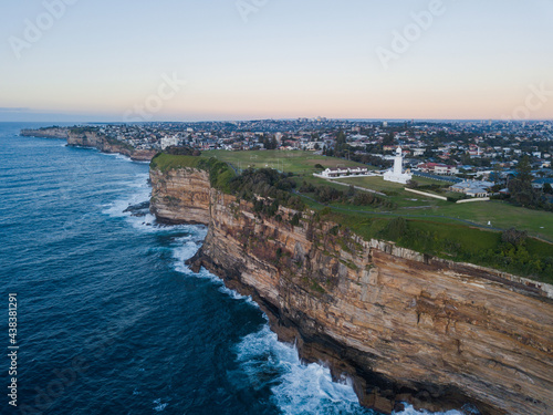 Aerial view of Sydney cliff coastline in the morning.