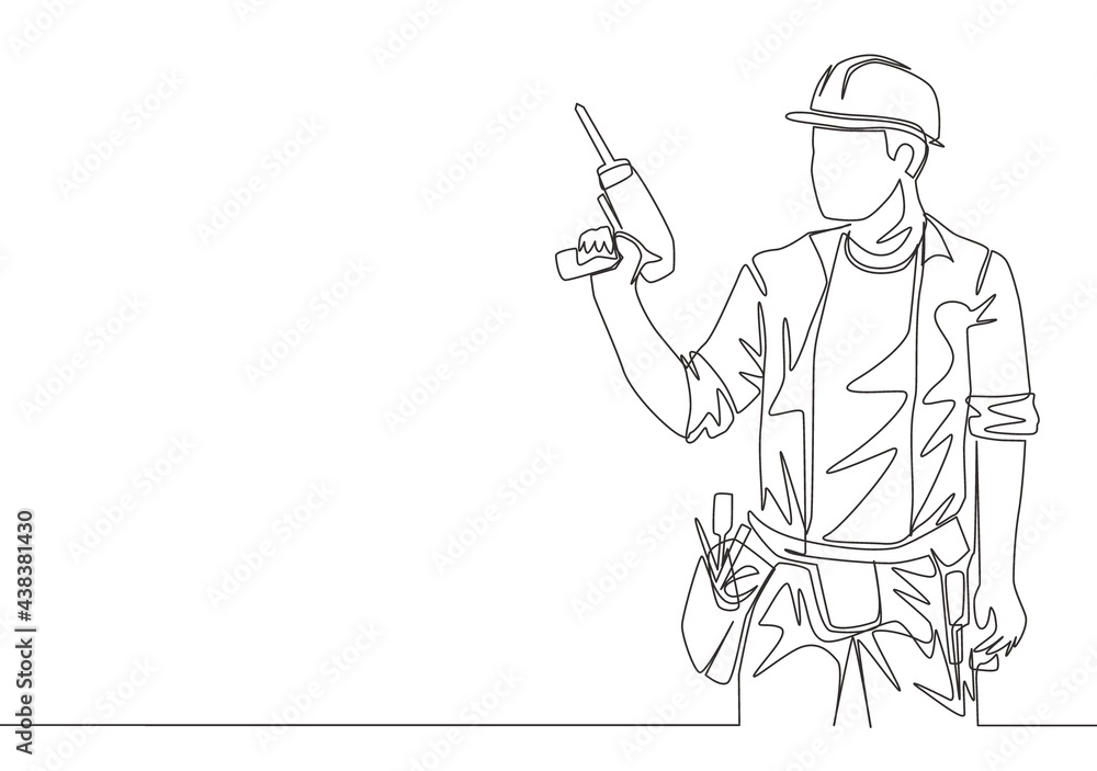 One single line drawing of young handyman wearing uniform while holding drill machine. Repairman construction maintenance service concept. Continuous line draw design illustration