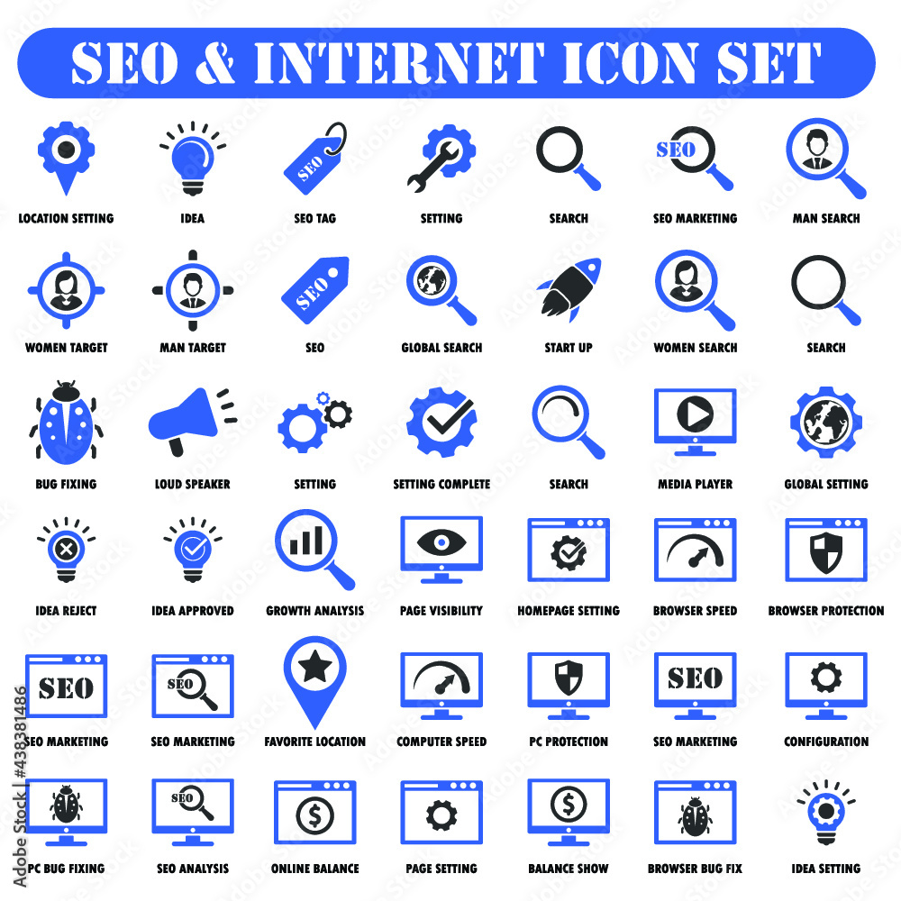 SEO and Internet icon Set black and blue mix SEO and Internet icon Set black and blue mix