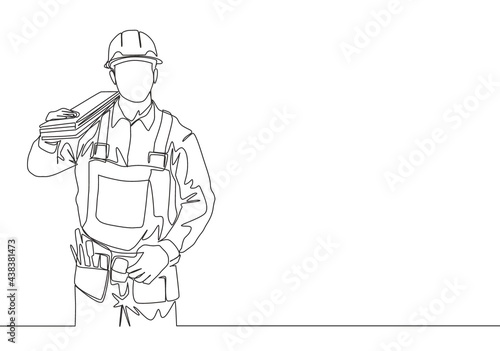 Single continuous line drawing of young handsome lumberjack on uniform carrying stack of wooden boards. Building construction service concept one line draw design illustration