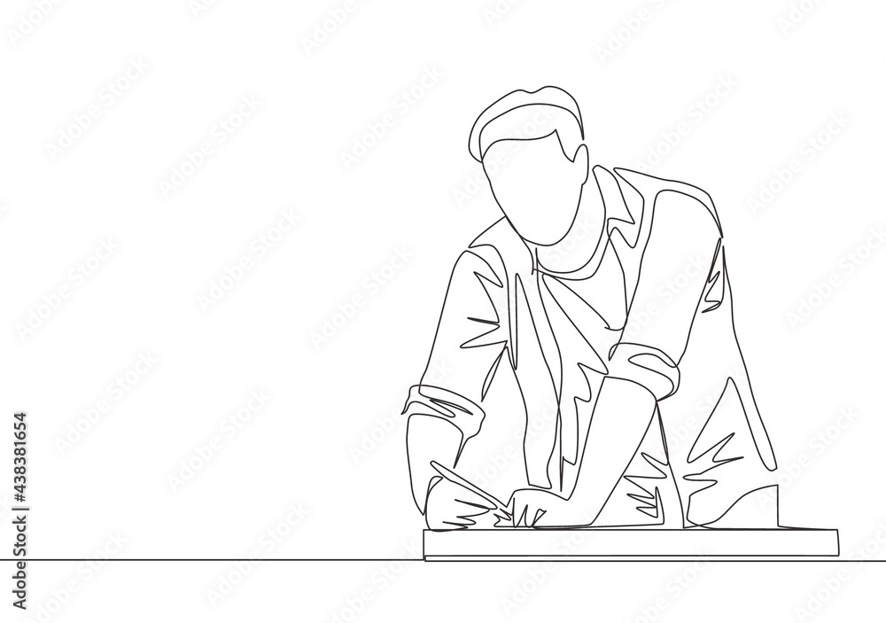 One continuous line drawing of young handsome handyman measuring wooden board to cut. Building construction service concept single line draw design illustration One continuous line drawing of young handsome handyman measuring wooden board to cut. Building construction service concept single line draw design illustration