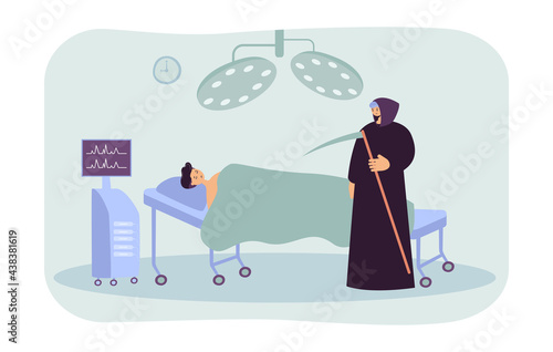 Death character coming for dying man in hospital. Cartoon patient lying in bed, male character in black cloak with scythe flat vector illustration. Death, illness concept for banner, website design
