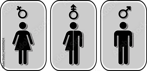 The sign of the toilet .Three signs. The symbol of the icon is a man and a woman. Vector illustration. Silhouettes of people and signs. A black symbol in a frame on a gray background.