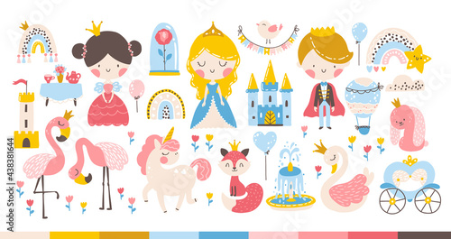 Princess rainbow set with animals and birds, unicorn, flamingo, swan. Castle, carriage. Cute girl and boy characters. Vector illustration in a cartoon hand-drawn Scandinavian style in a pastel palette