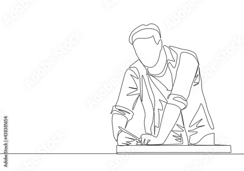 One continuous line drawing of young handsome handyman measuring wooden board to cut. Building construction service concept single line draw design illustration