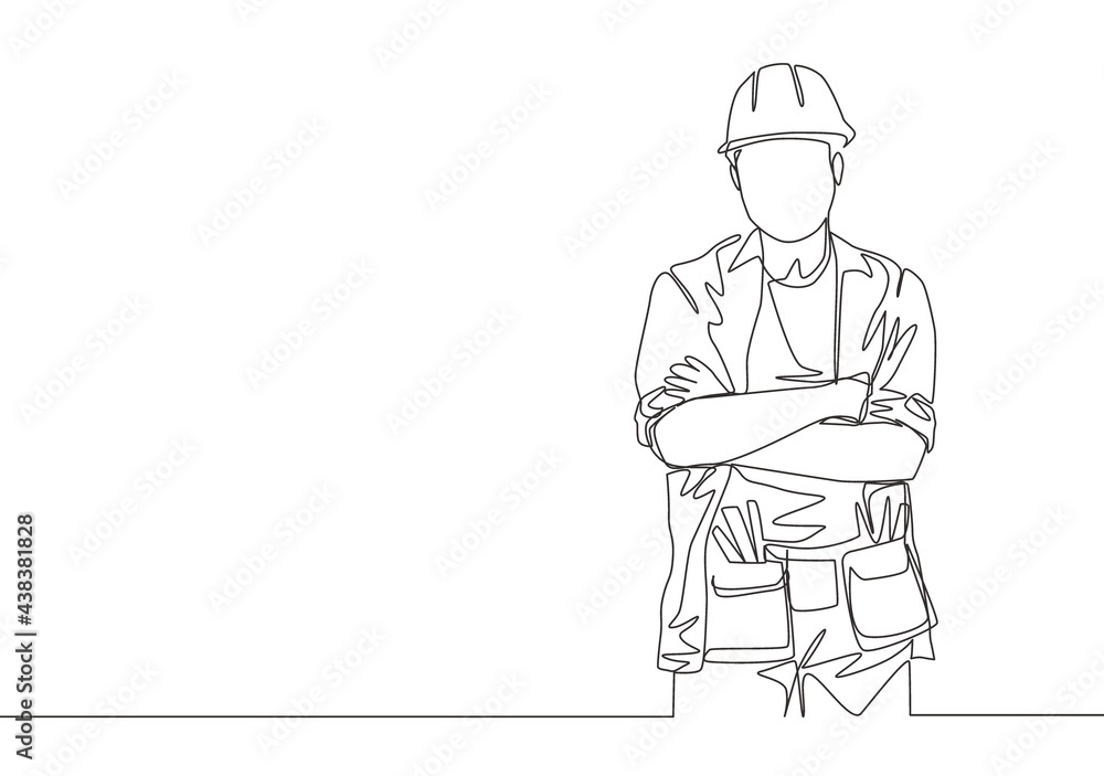 One continuous line drawing of young attractive handyman pose crossing hands on chest. Building construction service concept single line draw design illustration