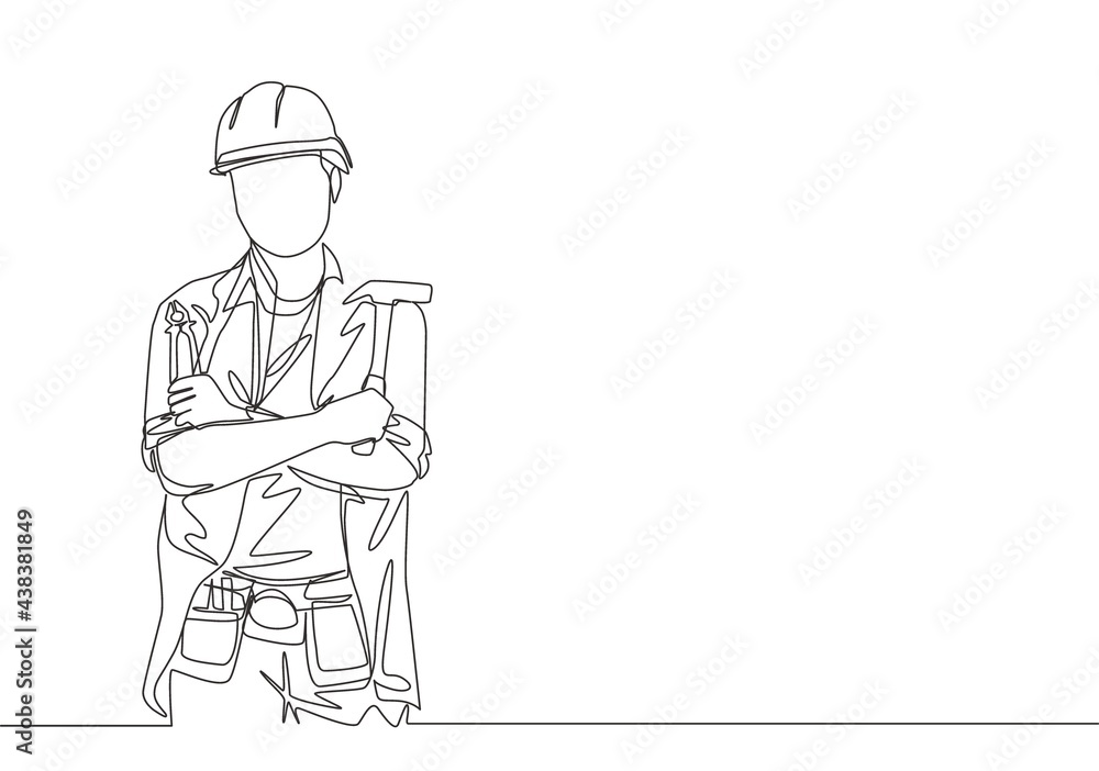 Vettoriale Stock One continuous line drawing of young handsome craftsman  holding hammer and pose crossing hands on chest. House maintenance service  concept single line draw design illustration | Adobe Stock