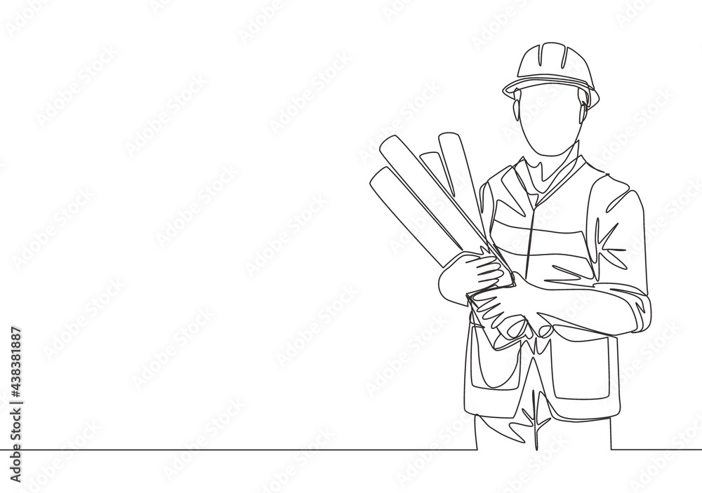 One single line drawing of young handsome architect holding sketch blueprint roll papers. Building construction service concept continuous line draw design illustration - obrazy, fototapety, plakaty 