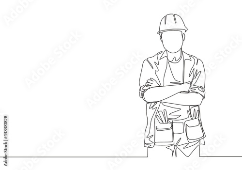 One continuous line drawing of young attractive handyman pose crossing hands on chest. Building construction service concept single line draw design illustration