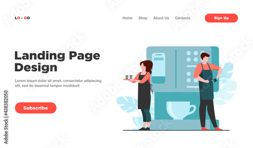 Happy tiny barista making coffee at huge machine. Waitress holding tray with paper cups flat vector illustration. Coffee break, street food, summer concept for banner, website design or landing page © SurfupVector