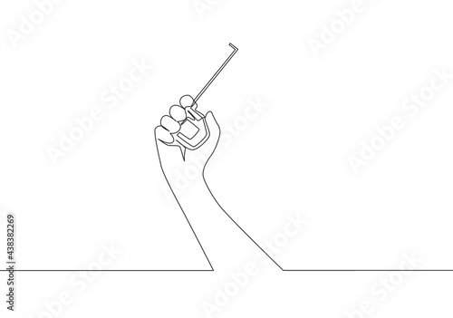 One single line drawing of man holding measuring tape. Handyman tools concept. Continuous line draw vector design illustration