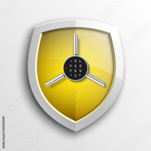 Protection guard shield concept with safety handwheel. Safety badge helm icon. Privacy Safe door handle banner. Security bright label. Presentation shining sticker shield shape. Defense safeguard sign