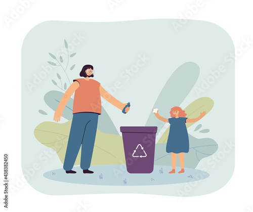 Mother and daughter throwing garbage into recycling bin. Woman and little girl placing food package in special basket. Ecology concept for banner, website design or landing page