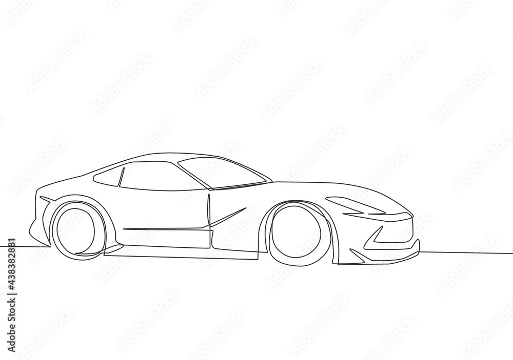 Single line drawing of racing and drifting luxury sedan super car. Sporty car vehicle transportation concept. One continuous line draw design