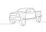 Single line drawing of tough pickup truck car. Cargo logistics carrier vehicle transportation concept. One continuous line draw design