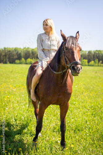 A young rider woman blonde with long hair in a dress posing with brown horse on a field and forest background, Russia