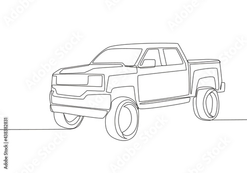 Single line drawing of tough pickup truck car. Cargo logistics carrier vehicle transportation concept. One continuous line draw design