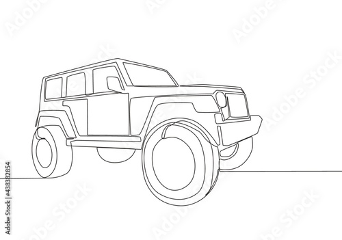 Single line drawing of tough 4x4 speed trail jeep car. Adventure offroad  rally vehicle transportation concept. One continuous line draw design Stock  Vector