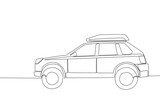 Continuous line drawing of tough suv car with roof rack. Adventure vehicle transportation concept. One single continuous line draw design