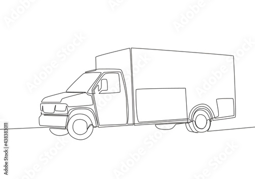 Continuous line drawing of modern trailer truck. Cargo delivery service vehicle transportation concept. One single continuous line draw design