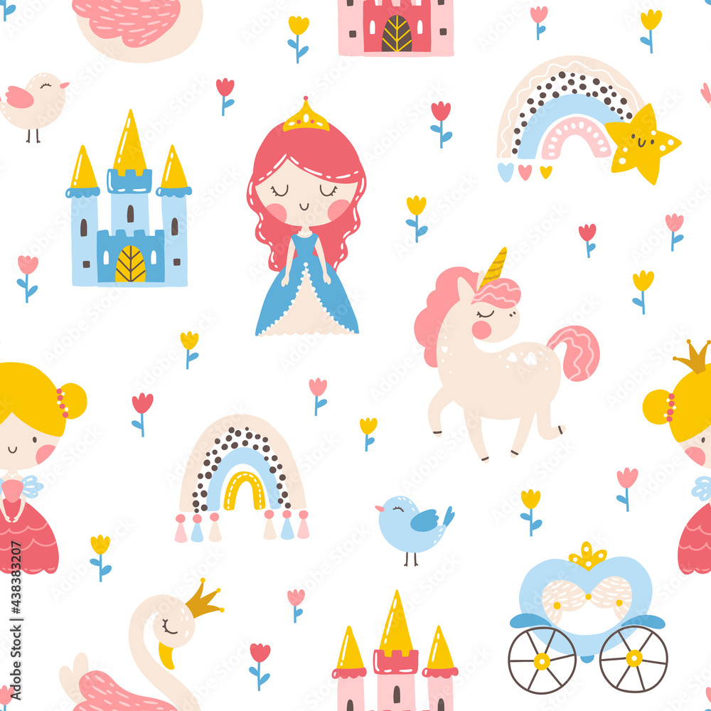 Princess seamless pattern with unicorn, swan, castle and rainbow. Vector illustration of a girl in a fairy kingdom in a hand-drawn cartoon style. The pastel palette is ideal for baby clothes textiles