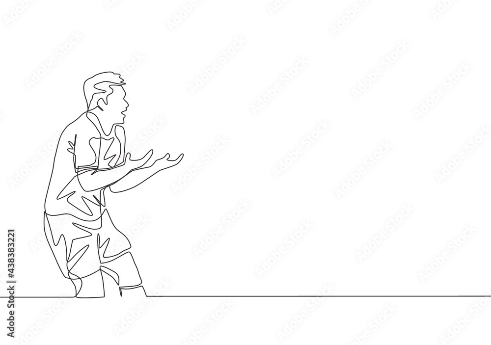 One single line drawing of young furious football player protesting and arguing referee decision for giving him a card. Soccer match sports concept. Continuous line draw design vector illustration