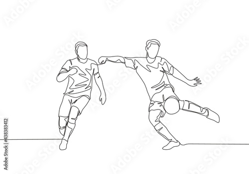 One continuous line drawing of young energetic striker kicking the ball but the defender try to block the shoot. Soccer match sports concept. Single line draw design vector illustration