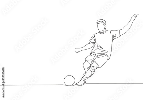 Obraz na plátně One continuous line drawing of young talented football player take a free kick