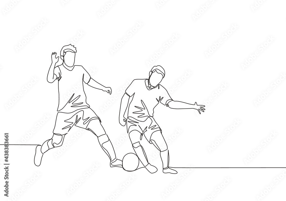 Obraz premium Single continuous line drawing of young energetic football player dribbling pass opponent player and running to the rival area. Soccer match sports concept. One line draw design vector illustration