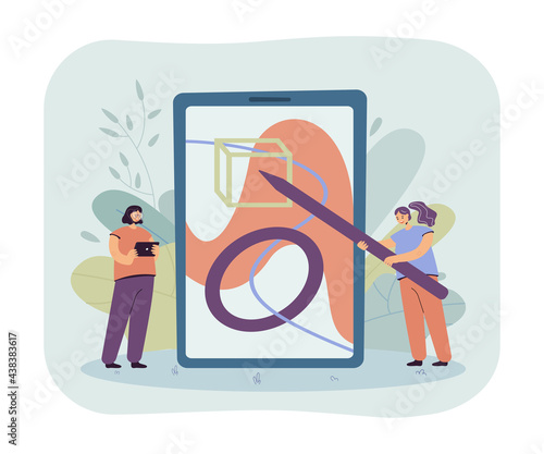 Two tiny cartoon girls painting abstract figures. Flat vector illustration. Women drawing geometric patterns on giant tablet. Graphic design, creativity, art, modern technologies, freelance concept