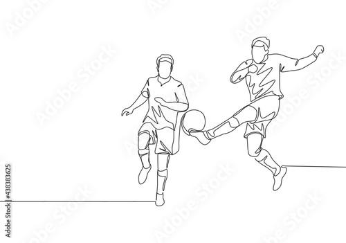 One continuous line drawing of young energetic football player doing ball clearance to keep his area safe from opponent attack. Soccer match sports concept. Single line draw design vector illustration