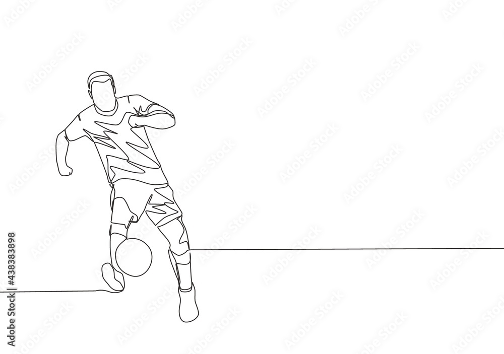 Fototapeta premium Single continuous line drawing of young energetic football player passing the ball to the teammate. Soccer match sports concept. One line draw design vector illustration