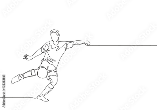 Single continuous line drawing of young energetic football striker shooting a first time kick technique. Soccer match sports concept. One line draw design vector illustration
