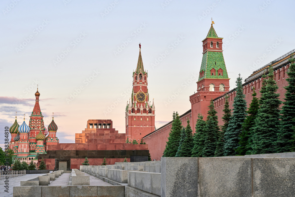 Moscow, Red Square, view of the Spasskaya Tower, mausoleum and St. Basil's Cathedral.