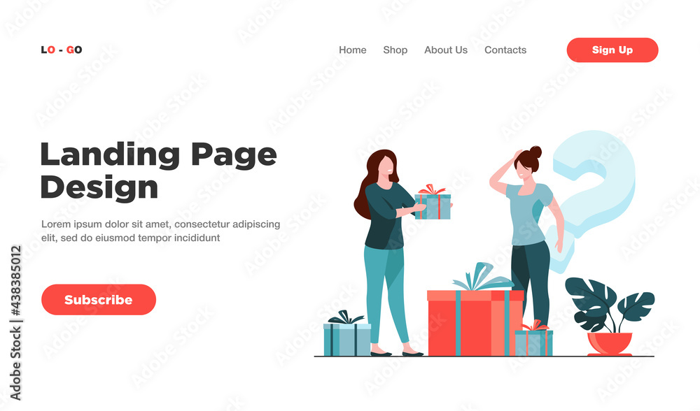 Woman offering presents to woman in shop. Assistance, choice. Flat vector illustration. Gifts and service concept can be used for presentations, banner, website design, landing web page Woman offering presents to woman in shop. Assistance, choice. Flat vector illustration. Gifts and service concept can be used for presentations, banner, website design, landing web page