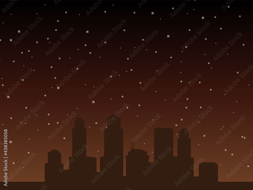 Pixel city. Pixel background with stars.
