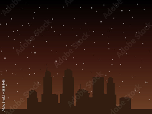Pixel city. Pixel background with stars.
