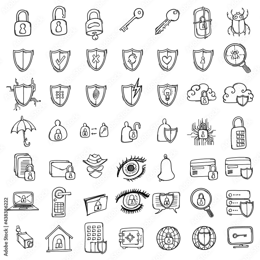 Security Doodle vector icon set. Drawing sketch illustration hand drawn line eps10