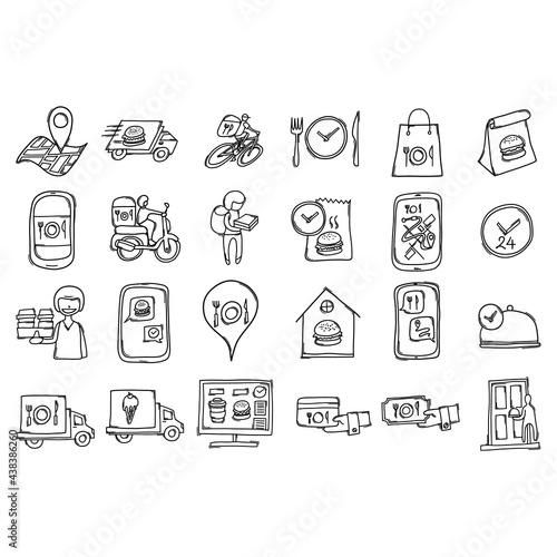 Food delivery Doodle vector icon set. Drawing sketch illustration hand drawn line eps10
