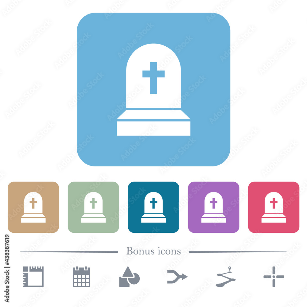 Tombstone with cross flat icons on color rounded square backgrounds Tombstone with cross flat icons on color rounded square backgrounds