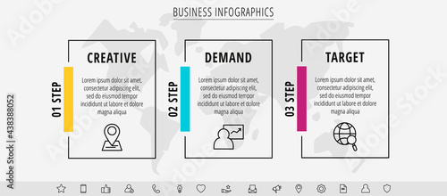 Infographic rectangles with icons. Vector business concept of three steps by step, options, squares. Template with 3 ways for diagram, web, banner, presentations, flowchart, content, levels, chart