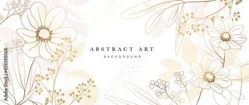 Golden Wild Flowers line art background vector. Luxury abstract art background with artificial flowers, Gold leaves, eucalyptus, trending hydrangea and summer blooms. Botanical wedding wallpaper. 