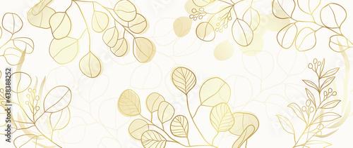 Golden Wild Flowers line art background vector. Luxury abstract art background with artificial flowers, Gold leaves, eucalyptus, trending hydrangea and summer blooms. Botanical wedding wallpaper. 