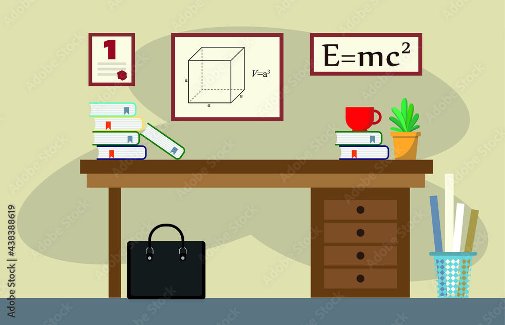 Fototapeta premium Scientist's desk. Formulas, books, workspace.